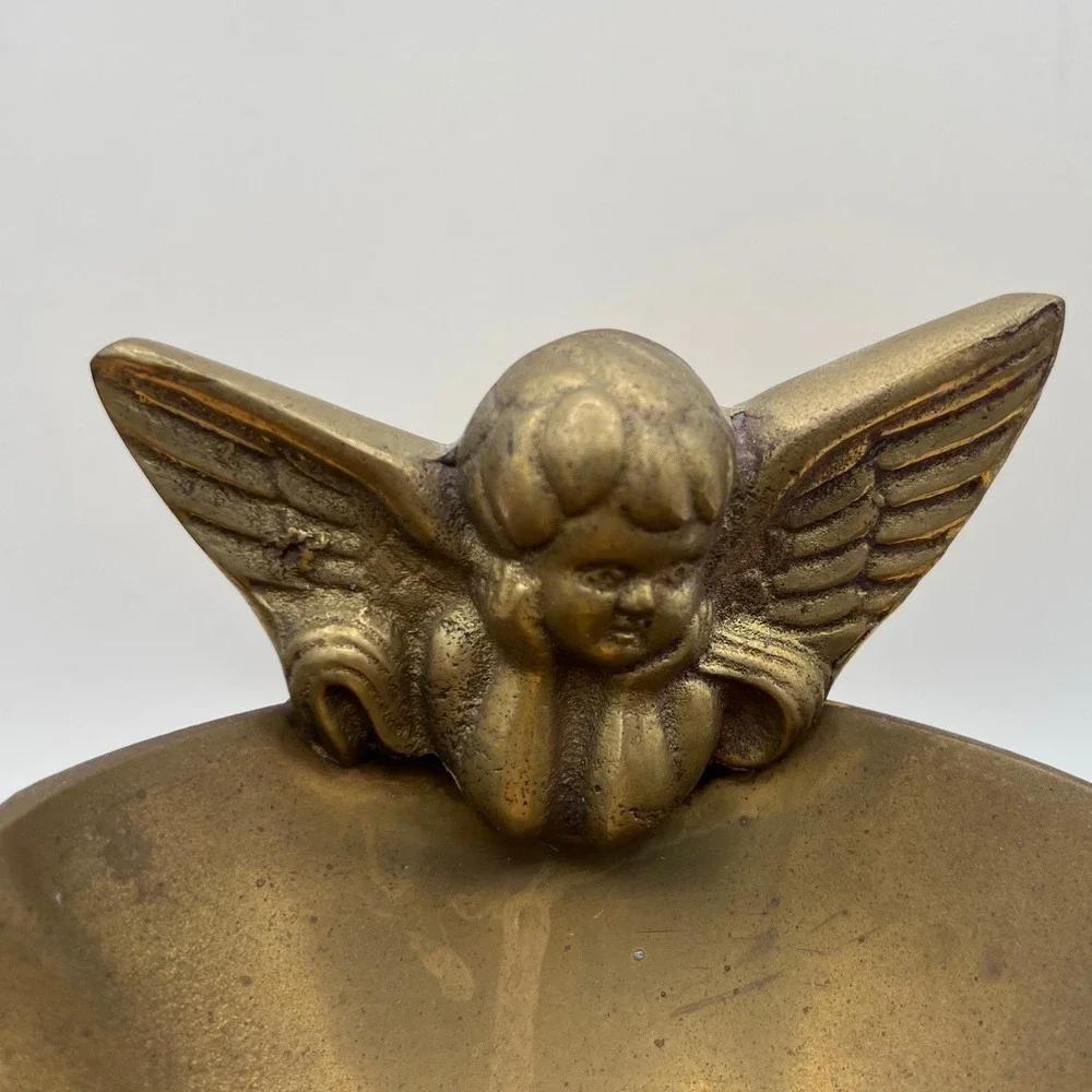 Vtg Solid Brass Cherub Angel Scalloped Trinket Bowl India   Hollywood Regency